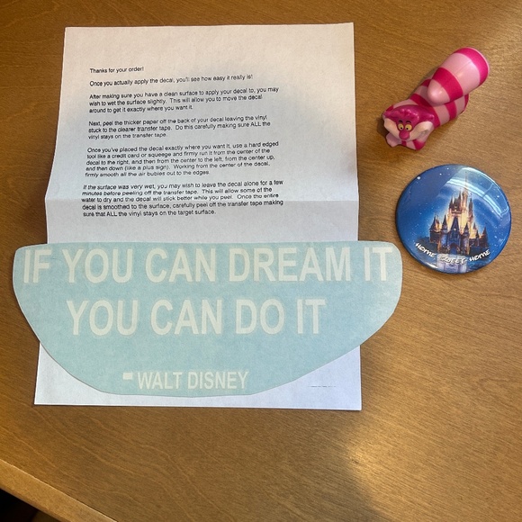 Disney Car Window Decal, Button, and Cheshire Cat Plastic Figurine - Picture 1 of 10